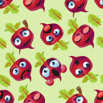 Cute seamless pattern with cartoon emoji beetroot on green background