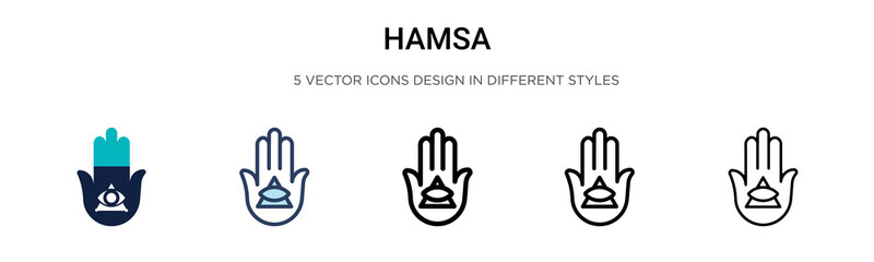 Fototapeta premium Hamsa icon in filled, thin line, outline and stroke style. Vector illustration of two colored and black hamsa vector icons designs can be used for mobile, ui, web