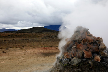 Hverir / Iceland - August 30, 2017: Hverir fumarole area near Namafjall mountain, Myvatn Lake area, Iceland, Europe