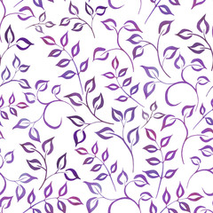Fototapeta na wymiar Watercolor purple leaves on a white background with splashes, drops. Seamless pattern. Hand-painted texture. Watercolor stock illustration. Design for backgrounds, wallpapers, textile, covers.