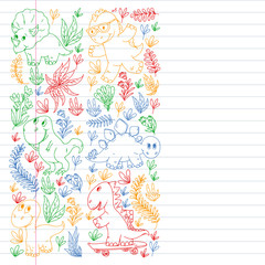 Fototapeta na wymiar Pattern kids fabric, textile, nursery wallpaper. Vector illustration. Hand drawn dinosaurs, dino for little children.