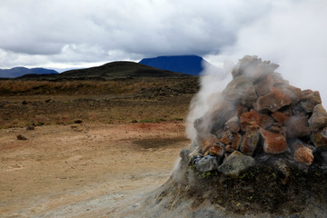 Hverir / Iceland - August 30, 2017: Hverir fumarole area near Namafjall mountain, Myvatn Lake area, Iceland, Europe