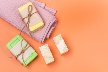 Handmade Spa Soap Organic Soa Various Soap Bars Spa Treatments Top View Horizontal Spa Concept Orange Background