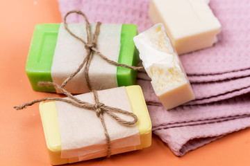 Handmade Spa Soap Organic Soa Various Soap Bars Spa Treatments Top View Horizontal Spa Concept Orange Background