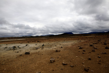 Hverir / Iceland - August 30, 2017: Landscape near Hverir fumarole area, Myvatn Lake area, Iceland, Europe