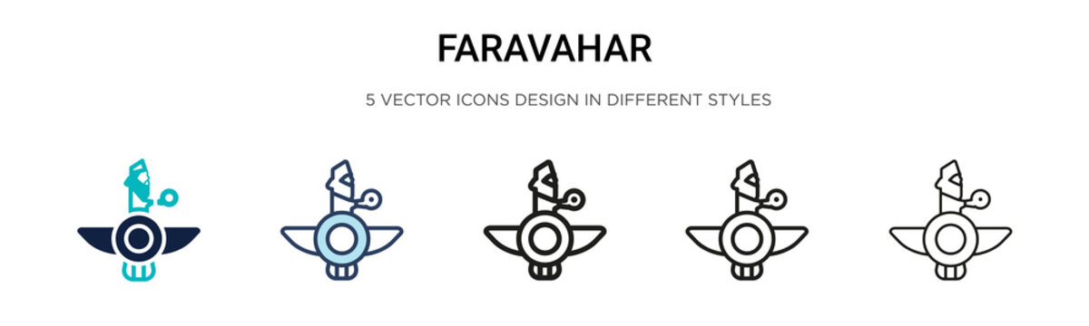 Faravahar icon in filled, thin line, outline and stroke style. Vector illustration of two colored and black faravahar vector icons designs can be used for mobile, ui, web