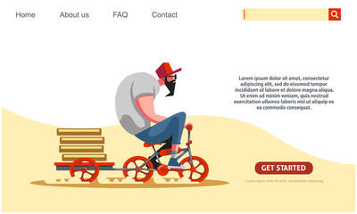 Landing page design. Big guy riding red bicycle carrying pizza boxes, delivery service. Web banner design, Flat style illustration. Scalable and editable vector.