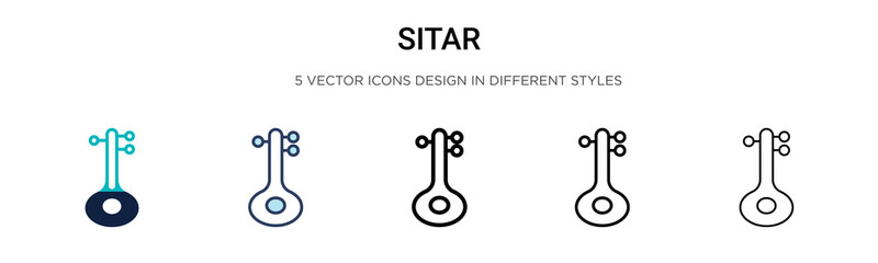 Sitar icon in filled, thin line, outline and stroke style. Vector illustration of two colored and black sitar vector icons designs can be used for mobile, ui, web