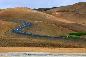 Hverir / Iceland - August 30, 2017: The road to Hverir area near Namafjall mountain, Myvatn Lake area, Iceland, Europe