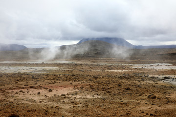Hverir / Iceland - August 30, 2017: Hverir geothermal and sulfur area near Namafjall mountain, Myvatn Lake area, Iceland, Europe