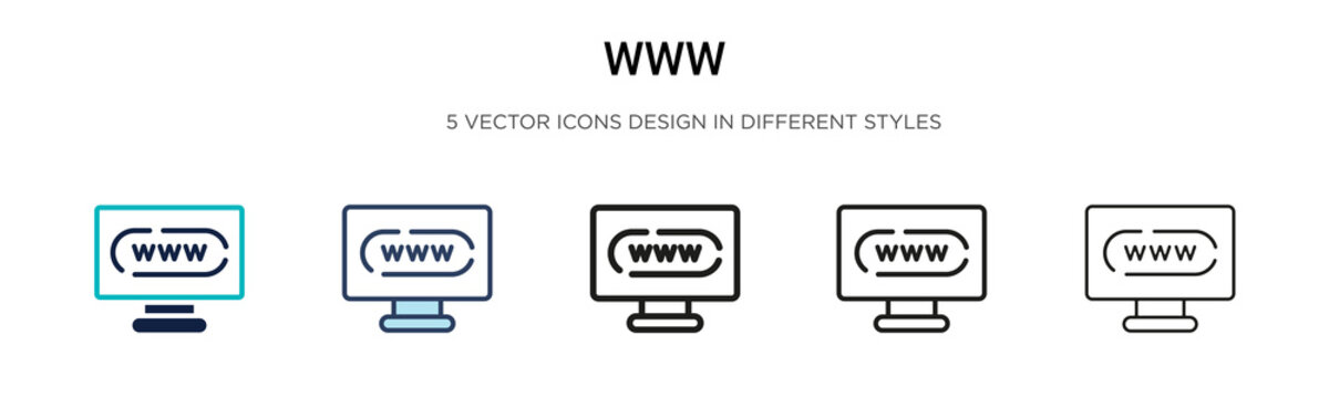 Www icon in filled, thin line, outline and stroke style. Vector illustration of two colored and black www vector icons designs can be used for mobile, ui, web