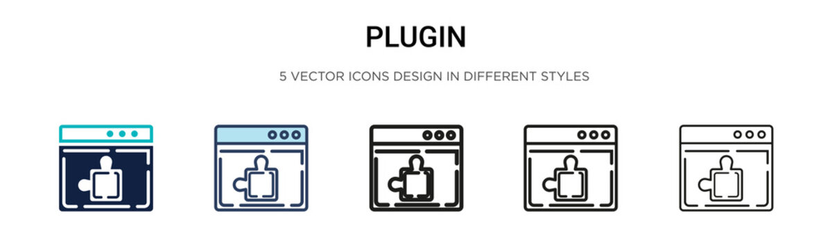 Plugin icon in filled, thin line, outline and stroke style. Vector illustration of two colored and black plugin vector icons designs can be used for mobile, ui, web
