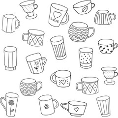 seamless vector pattern with tea cups, black on white background, isolated, with drawings, various shapes, Doodle style. suitable for fabric, packaging, and coloring pages. set of cups and glasses