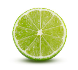 Fototapeta na wymiar Juicy Slice of Lime Isolated on White Background. Close Up of Green Fresh Lime Fruit in Front Cut