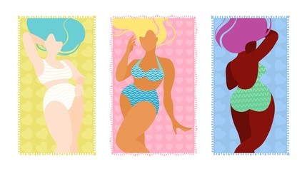 Happy plus size girl of different race, color in swimsuit, bra on background hearts. Body positive and beauty, self esteem, motivation. Beauty multiracial women in flat style stock vector illustration