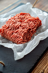 minced meat on cooking paper and stone tray