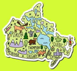 Sticker of Hand drawn doodle Canada map. city names lettering and cartoon