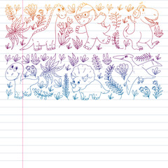 Pattern kids fabric, textile, nursery wallpaper. Vector illustration. Hand drawn dinosaurs, dino for little children.