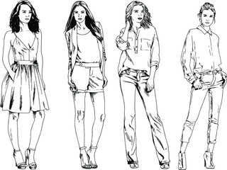 beautiful slim girl in casual clothes, drawn in ink by hand on a white background