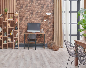 Decorative brown interior room, wooden bookcase background, grey armchair, coffee table and parquet detail.