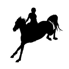  athletic girl jumping on a horse, isolated images, black silhouette on a white background, for decoration and design