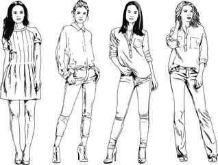 beautiful slim girl in casual clothes, drawn in ink by hand on a white background