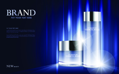 cosmetic product poster, bottle package design with moisturizer cream or liquid, sparkling background with glitter polka, vector design.