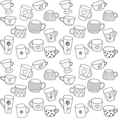 seamless vector pattern with tea cups, black on white background, isolated, with drawings, various shapes, Doodle style. suitable for fabric, packaging, and coloring pages