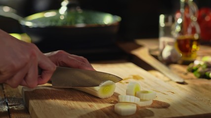 Woman slicing leek and vegetables for cooking on kitchen table. Closeup hands. Cosy dark room.
