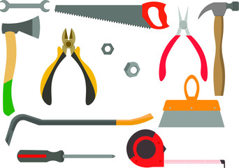 Working tools collection. Wrench, nut, hammer, nail puller, putty knife, tape measure.
