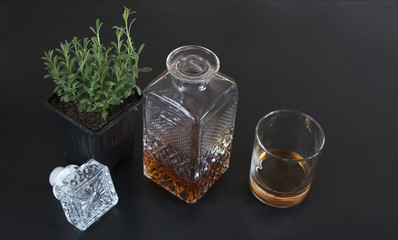 bottle and glass with cognac, lavender in a pot