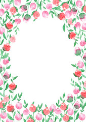 Watercolor loose style pink, red, flower and green leaves oval frame. Modern trendy template for invitation, wedding, banner, greeting card design. Poster print with peony, rose