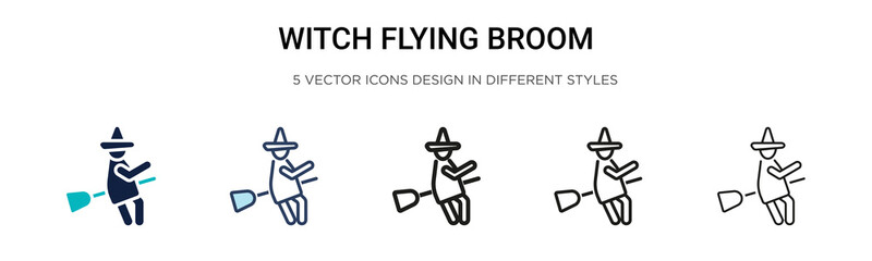 Witch flying broom icon in filled, thin line, outline and stroke style. Vector illustration of two colored and black witch flying broom vector icons designs can be used for mobile, ui, web