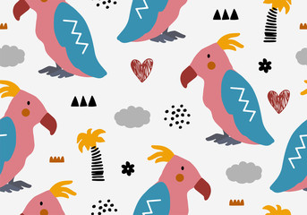 Baby background with parrot, seamless summer animal pattern.