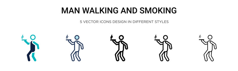 Fototapeta na wymiar Man walking and smoking icon in filled, thin line, outline and stroke style. Vector illustration of two colored and black man walking and smoking vector icons designs can be used for mobile, ui, web