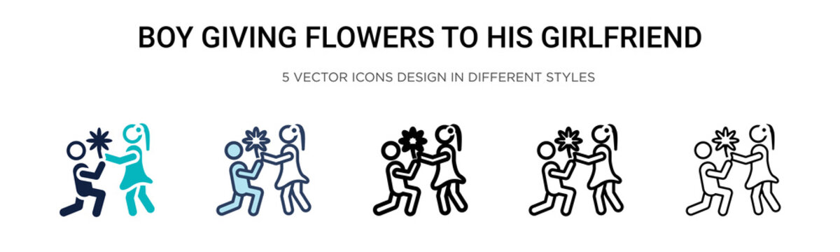 Boy Giving Flowers To His Girlfriend Icon In Filled, Thin Line, Outline And Stroke Style. Vector Illustration Of Two Colored And Black Boy Giving Flowers To His Girlfriend Vector Icons Designs Can Be