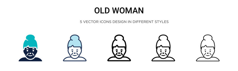 Obraz premium Old woman icon in filled, thin line, outline and stroke style. Vector illustration of two colored and black old woman vector icons designs can be used for mobile, ui, web