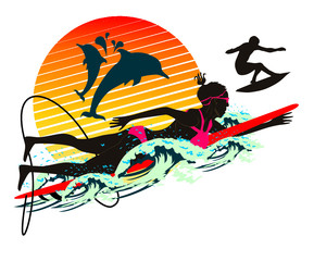 surfer woman palm beach graphic design vector art