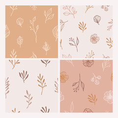 Fototapeta na wymiar Hand drawn botanical patterns with leaves and flowers. Vector floral background set