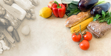 Crisis food products for isolation period. Macaroni, oil, canned food, vegetables, sugar, oatmeal, millet, lemons, ginger. Food Delivery, Donation, Coronavirus Quarantine.