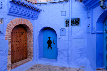 Blue house facade in Chefchaouen town, Morocco.