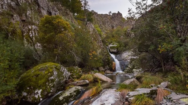 Waterfall in the Hell's Well trail trek, Serra da Estrela Natural ParK, Portugal - Timelapse