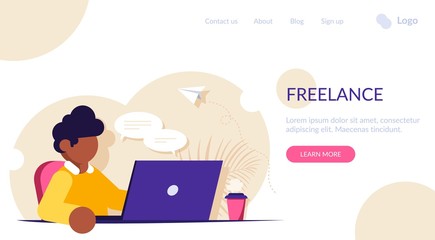 Freelancer or office worker sits at a desk with a laptop and a mug of coffee. Distance work from home. Modern flat vector illustration.