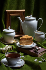 A slice of puff honey cake. Selective focus.