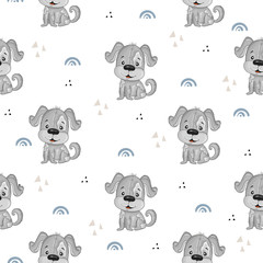 Cute seamless pattern with funny dog. Cute Cartoon dog. Hand drawn vector illustration with dog cute print