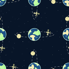Fototapeta na wymiar Stylish Earth seamless pattern with Moon, orbit and International Space Station. Illustration, great for wallpaper, textile and texture design