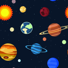 solar system vector kids cartoon planet seamless pattern. Rocket, UFO, planets Illustration, great for wallpaper, textile and texture design. Kids design, fabric, wrapping, apparel.