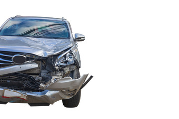 Front of gray color car damaged and broken by accident isolated on white background. Save with...
