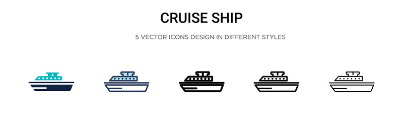 Cruise ship icon in filled, thin line, outline and stroke style. Vector illustration of two colored and black cruise ship vector icons designs can be used for mobile, ui, web