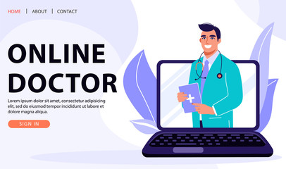 Online Medicine Concept. Medical consultation, telemedicine, diagnosis concept. Professional doctor on laptop computer screen. Healthcare vector web page banner illustration.